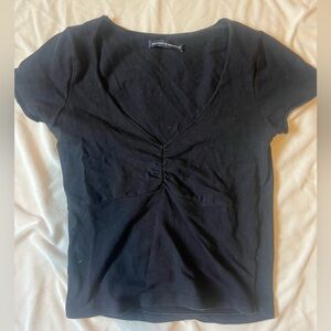 Brandy Melville Black Ruched V-Neck Short Sleeve Tee